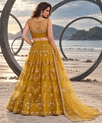 MUSTARD  NET THREAD WITH ZARI AND SEQUINCE WORK FESTIVE LEHENGA CHOLI SET FOR WOMEN'S 2