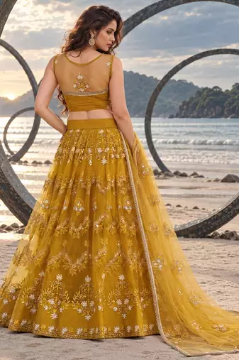 MUSTARD  NET THREAD WITH ZARI AND SEQUINCE WORK FESTIVE LEHENGA CHOLI SET FOR WOMEN'S