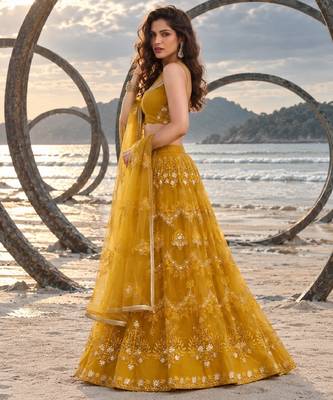 MUSTARD  NET THREAD WITH ZARI AND SEQUINCE WORK FESTIVE LEHENGA CHOLI SET FOR WOMEN'S 3