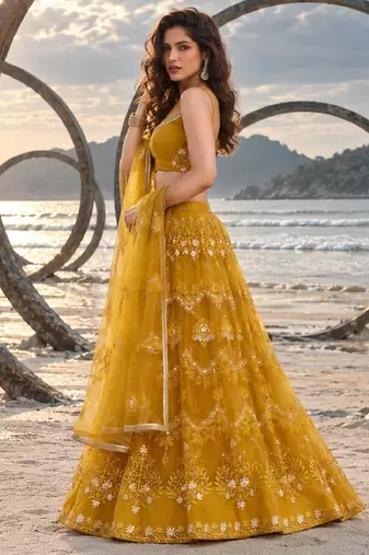 MUSTARD  NET THREAD WITH ZARI AND SEQUINCE WORK FESTIVE LEHENGA CHOLI SET FOR WOMEN'S