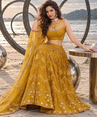 MUSTARD  NET THREAD WITH ZARI AND SEQUINCE WORK FESTIVE LEHENGA CHOLI SET FOR WOMEN'S 4