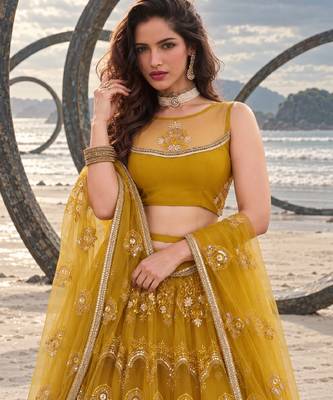 MUSTARD  NET THREAD WITH ZARI AND SEQUINCE WORK FESTIVE LEHENGA CHOLI SET FOR WOMEN'S 5
