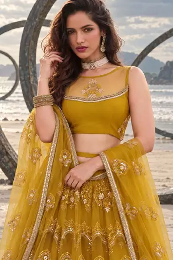 MUSTARD  NET THREAD WITH ZARI AND SEQUINCE WORK FESTIVE LEHENGA CHOLI SET FOR WOMEN'S