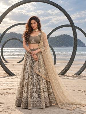 OLIVE NET THREAD WITH ZARI AND SEQUINCE WORK FESTIVE LEHENGA CHOLI SET FOR WOMEN'S 1