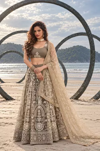 OLIVE NET THREAD WITH ZARI AND SEQUINCE WORK FESTIVE LEHENGA CHOLI SET FOR WOMEN'S