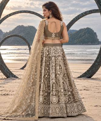 OLIVE NET THREAD WITH ZARI AND SEQUINCE WORK FESTIVE LEHENGA CHOLI SET FOR WOMEN'S 2