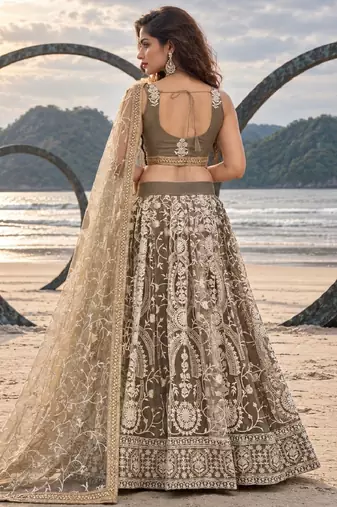 OLIVE NET THREAD WITH ZARI AND SEQUINCE WORK FESTIVE LEHENGA CHOLI SET FOR WOMEN'S