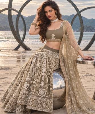 OLIVE NET THREAD WITH ZARI AND SEQUINCE WORK FESTIVE LEHENGA CHOLI SET FOR WOMEN'S 4