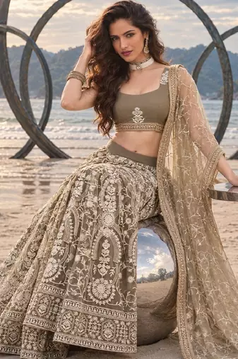 OLIVE NET THREAD WITH ZARI AND SEQUINCE WORK FESTIVE LEHENGA CHOLI SET FOR WOMEN'S
