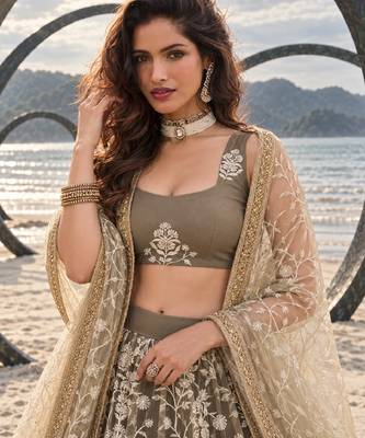 OLIVE NET THREAD WITH ZARI AND SEQUINCE WORK FESTIVE LEHENGA CHOLI SET FOR WOMEN'S 5