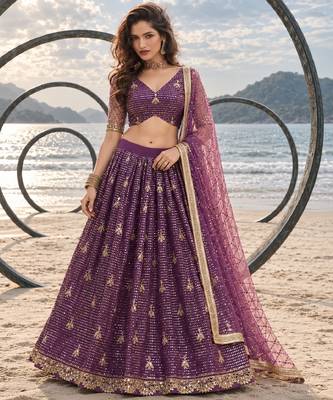 PURPLE NET THREAD WITH ZARI AND SEQUINCE WORK FESTIVE LEHENGA CHOLI SET FOR WOMEN'S 1