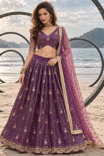 PURPLE NET THREAD WITH ZARI AND SEQUINCE WORK FESTIVE LEHENGA CHOLI SET FOR WOMEN'S