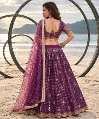 PURPLE NET THREAD WITH ZARI AND SEQUINCE WORK FESTIVE LEHENGA CHOLI SET FOR WOMEN'S 2