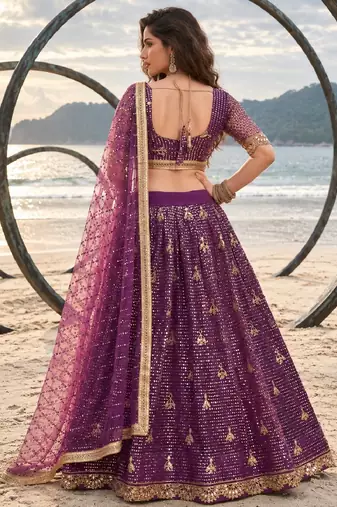 PURPLE NET THREAD WITH ZARI AND SEQUINCE WORK FESTIVE LEHENGA CHOLI SET FOR WOMEN'S