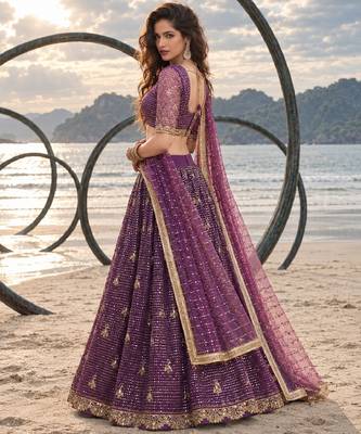 PURPLE NET THREAD WITH ZARI AND SEQUINCE WORK FESTIVE LEHENGA CHOLI SET FOR WOMEN'S 3