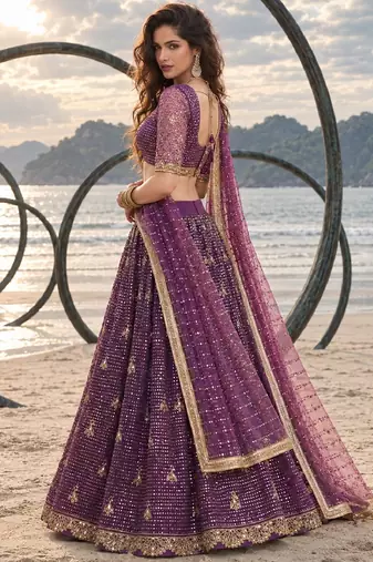 PURPLE NET THREAD WITH ZARI AND SEQUINCE WORK FESTIVE LEHENGA CHOLI SET FOR WOMEN'S