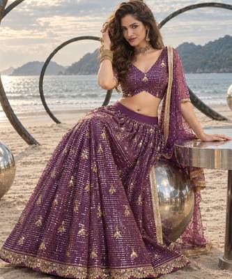 PURPLE NET THREAD WITH ZARI AND SEQUINCE WORK FESTIVE LEHENGA CHOLI SET FOR WOMEN'S 4