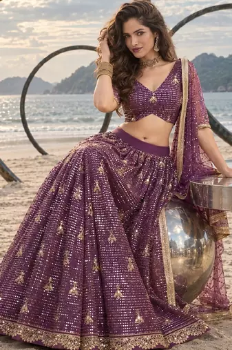 PURPLE NET THREAD WITH ZARI AND SEQUINCE WORK FESTIVE LEHENGA CHOLI SET FOR WOMEN'S