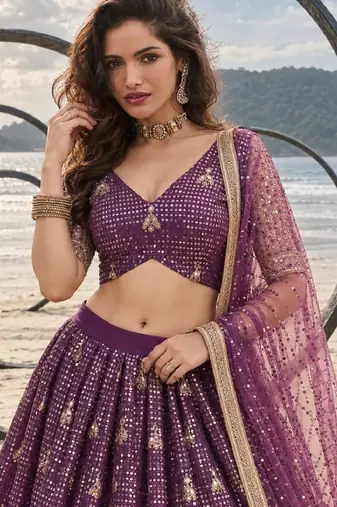 PURPLE NET THREAD WITH ZARI AND SEQUINCE WORK FESTIVE LEHENGA CHOLI SET FOR WOMEN'S