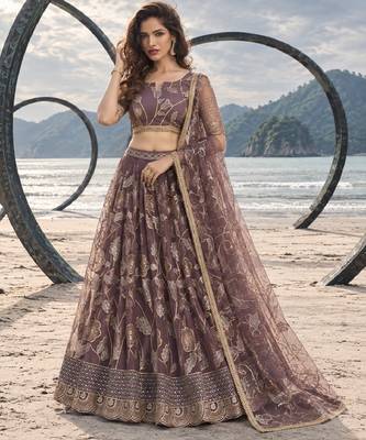 DUSTY ONION NET THREAD WITH ZARI AND SEQUINCE WORK FESTIVE LEHENGA CHOLI SET FOR WOMEN'S 1