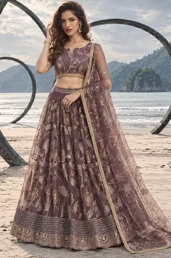 DUSTY ONION NET THREAD WITH ZARI AND SEQUINCE WORK FESTIVE LEHENGA CHOLI SET FOR WOMEN'S