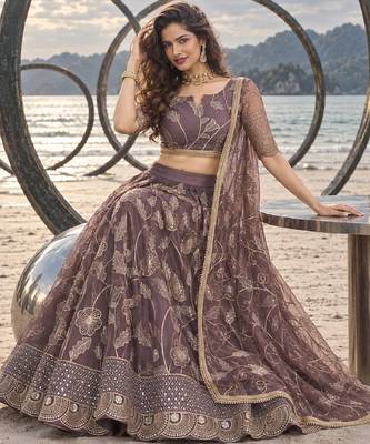 DUSTY ONION NET THREAD WITH ZARI AND SEQUINCE WORK FESTIVE LEHENGA CHOLI SET FOR WOMEN'S 4
