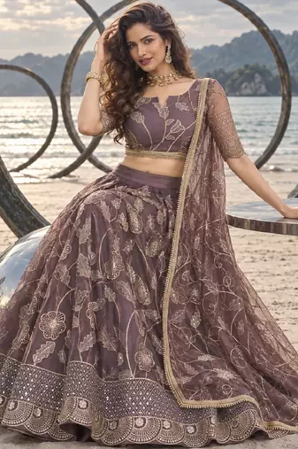 DUSTY ONION NET THREAD WITH ZARI AND SEQUINCE WORK FESTIVE LEHENGA CHOLI SET FOR WOMEN'S