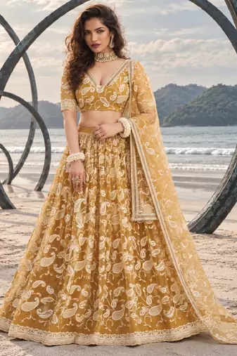 LIGHT GOLD NET THREAD WITH ZARI AND SEQUINCE WORK FESTIVE LEHENGA CHOLI SET FOR WOMEN'S