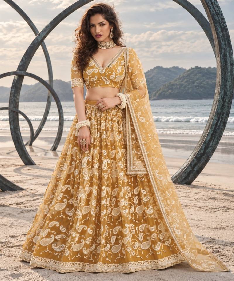 LIGHT GOLD NET THREAD WITH ZARI AND SEQUINCE WORK FESTIVE LEHENGA CHOLI SET FOR WOMEN'S