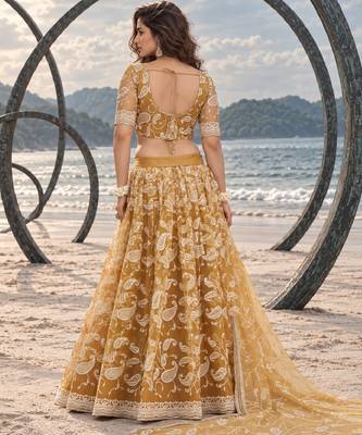 LIGHT GOLD NET THREAD WITH ZARI AND SEQUINCE WORK FESTIVE LEHENGA CHOLI SET FOR WOMEN'S 2