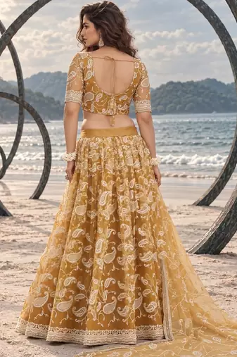 LIGHT GOLD NET THREAD WITH ZARI AND SEQUINCE WORK FESTIVE LEHENGA CHOLI SET FOR WOMEN'S