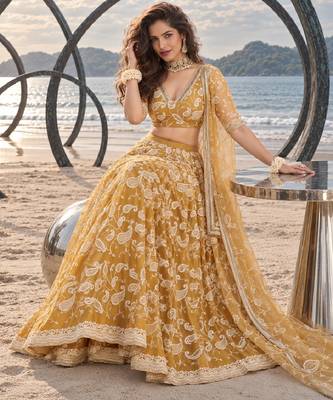 LIGHT GOLD NET THREAD WITH ZARI AND SEQUINCE WORK FESTIVE LEHENGA CHOLI SET FOR WOMEN'S 4