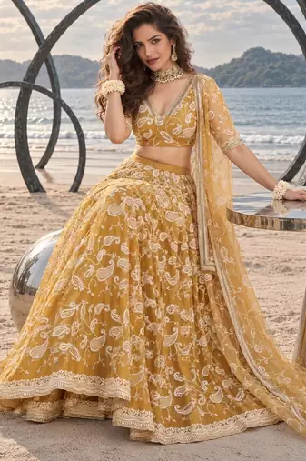 LIGHT GOLD NET THREAD WITH ZARI AND SEQUINCE WORK FESTIVE LEHENGA CHOLI SET FOR WOMEN'S