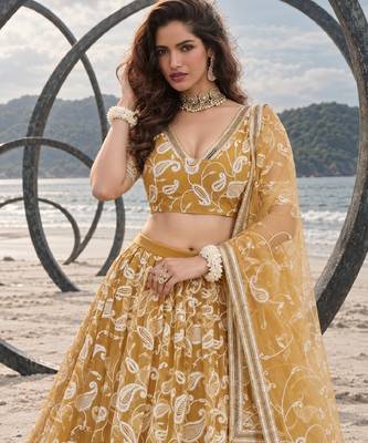 LIGHT GOLD NET THREAD WITH ZARI AND SEQUINCE WORK FESTIVE LEHENGA CHOLI SET FOR WOMEN'S 5