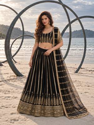 BLACK NET THREAD WITH ZARI AND SEQUINCE WORK FESTIVE LEHENGA CHOLI SET FOR WOMEN'S 1