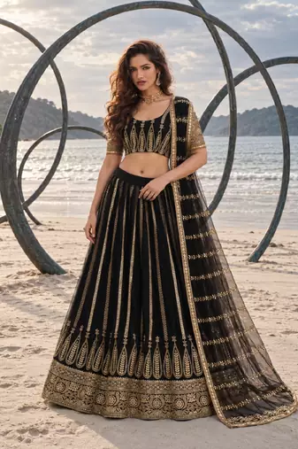 BLACK NET THREAD WITH ZARI AND SEQUINCE WORK FESTIVE LEHENGA CHOLI SET FOR WOMEN'S