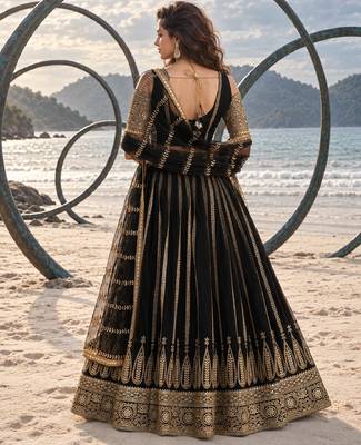 BLACK NET THREAD WITH ZARI AND SEQUINCE WORK FESTIVE LEHENGA CHOLI SET FOR WOMEN'S 2