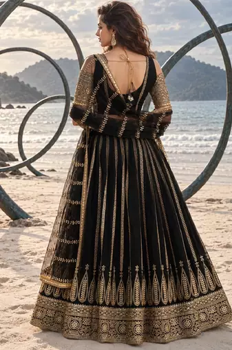 BLACK NET THREAD WITH ZARI AND SEQUINCE WORK FESTIVE LEHENGA CHOLI SET FOR WOMEN'S