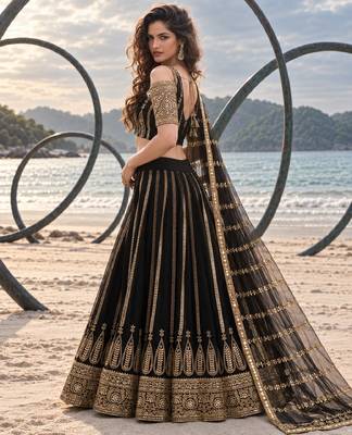 BLACK NET THREAD WITH ZARI AND SEQUINCE WORK FESTIVE LEHENGA CHOLI SET FOR WOMEN'S 3