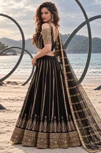 BLACK NET THREAD WITH ZARI AND SEQUINCE WORK FESTIVE LEHENGA CHOLI SET FOR WOMEN'S