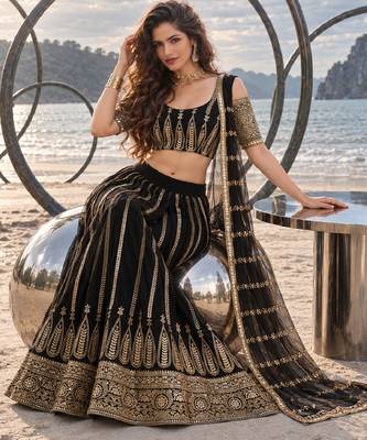 BLACK NET THREAD WITH ZARI AND SEQUINCE WORK FESTIVE LEHENGA CHOLI SET FOR WOMEN'S 4