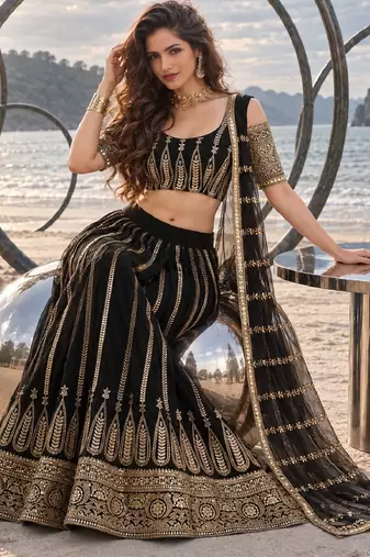 BLACK NET THREAD WITH ZARI AND SEQUINCE WORK FESTIVE LEHENGA CHOLI SET FOR WOMEN'S