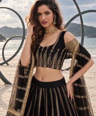 BLACK NET THREAD WITH ZARI AND SEQUINCE WORK FESTIVE LEHENGA CHOLI SET FOR WOMEN'S 5
