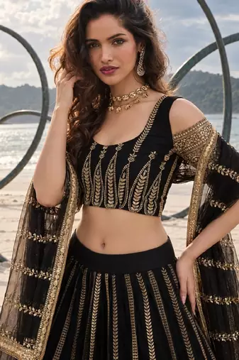 BLACK NET THREAD WITH ZARI AND SEQUINCE WORK FESTIVE LEHENGA CHOLI SET FOR WOMEN'S