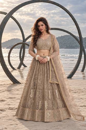 GREY NET THREAD WITH ZARI AND SEQUINCE WORK FESTIVE LEHENGA CHOLI SET FOR WOMEN'S