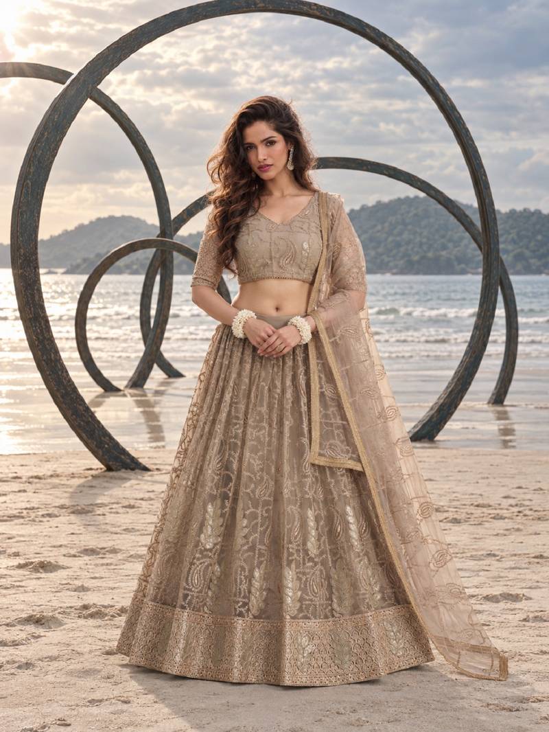 GREY NET THREAD WITH ZARI AND SEQUINCE WORK FESTIVE LEHENGA CHOLI SET FOR WOMEN'S