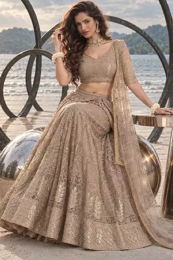 GREY NET THREAD WITH ZARI AND SEQUINCE WORK FESTIVE LEHENGA CHOLI SET FOR WOMEN'S