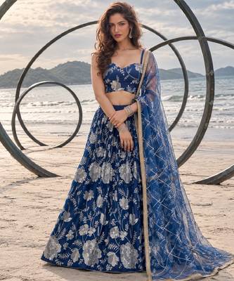 BLUE NET THREAD WITH ZARI AND SEQUINCE WORK FESTIVE LEHENGA CHOLI SET FOR WOMEN'S 1