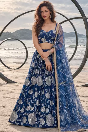 BLUE NET THREAD WITH ZARI AND SEQUINCE WORK FESTIVE LEHENGA CHOLI SET FOR WOMEN'S