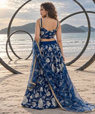 BLUE NET THREAD WITH ZARI AND SEQUINCE WORK FESTIVE LEHENGA CHOLI SET FOR WOMEN'S 2
